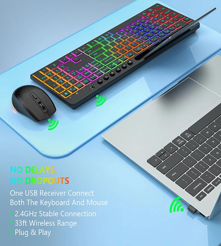 RGB Backlit Rechargeable Wireless Keyboard and Mouse Combo with Tablet Slot for Gaming, Office, and Home