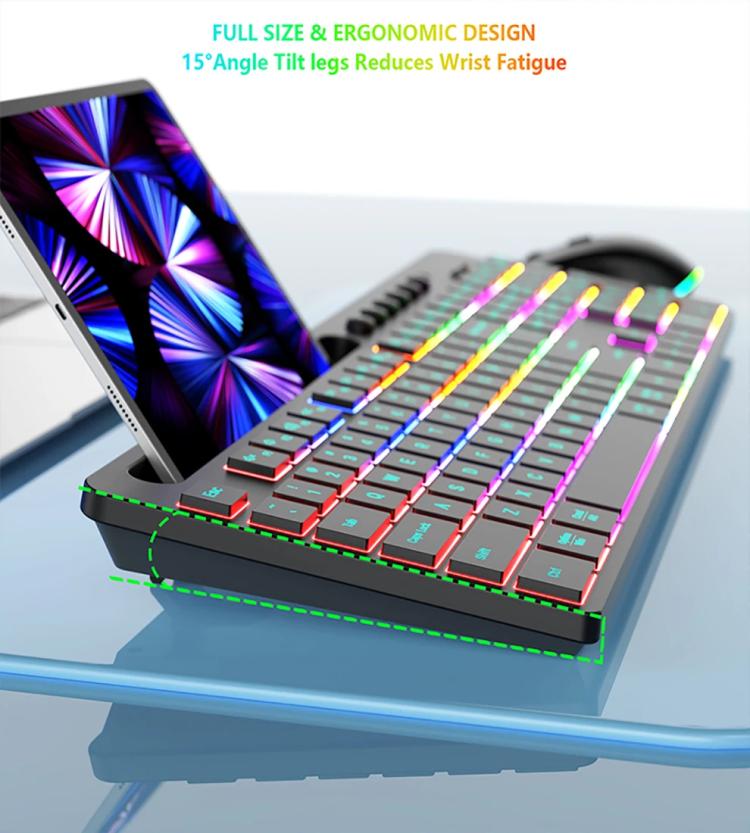 RGB Backlit Rechargeable Wireless Keyboard and Mouse Combo with Tablet Slot for Gaming, Office, and Home