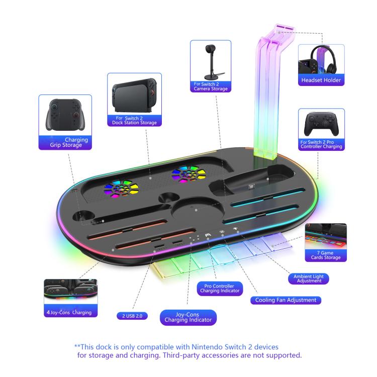 For Nintendo Switch 2 JYS NS2322 With RGB Light Charging Base Cooling Charging Storage Integrated Base