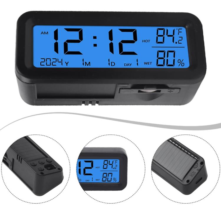 Car Solar-powered Clock With Luminous Light Thermometer Humidity Meter