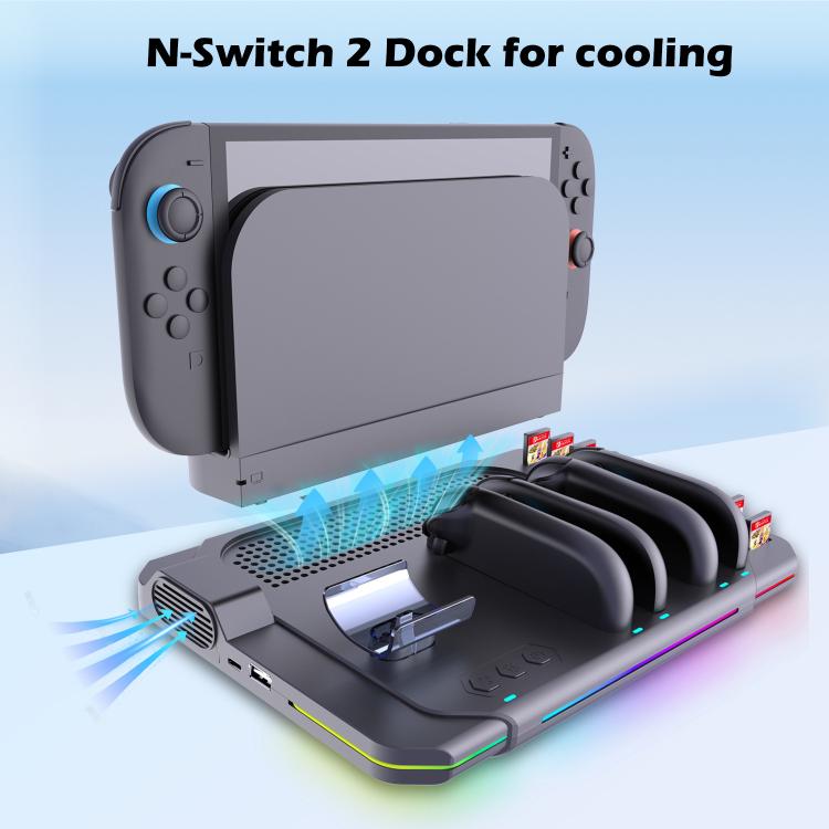 For Nintendo Switch 2 Multi-function Cooling Charging Dock Station With RGB Lighting & Card Slots