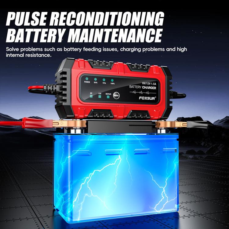 FOXSUR Smart 6V/12V 1.5A Battery Charger 4AH-30AH Lead Acid Battery Maintainer For Motorcycle/Car/ATV