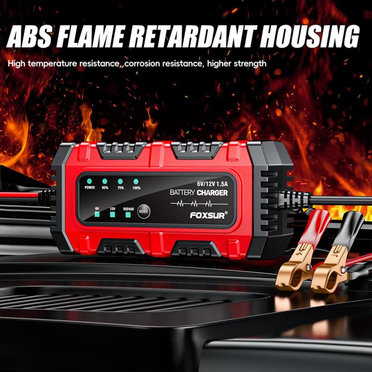 FOXSUR Smart 6V/12V 1.5A Battery Charger 4AH-30AH Lead Acid Battery Maintainer For Motorcycle/Car/ATV