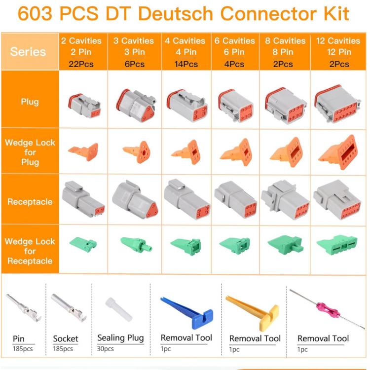 603pcs /Set DT Connector Kit with 2/3/4/6/8/12 Pin DT Connectors and Extraction Tools