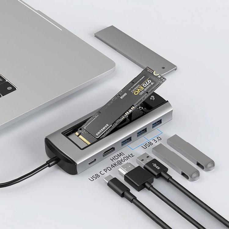 6-In-1 Type-C/USB-C To PD+HDMI (4K 30hz) +USB3.0 X 3+SATA/NVME SSD Docking Station