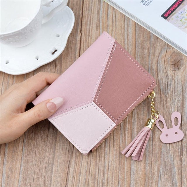 Short Leather Women Zipper Purse Panelled Wallets Trendy Coin Purse