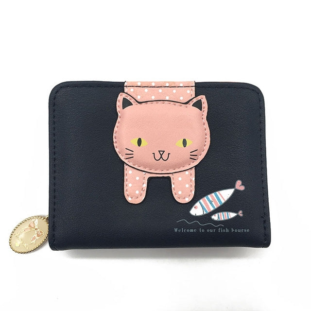 Women Cute Cat Wallet Small Zipper Wallet PU Leather Coin Purse Card Holder, Cat Rose Red, Cat Black, Cat Blue, Cat Green, Cat Pink