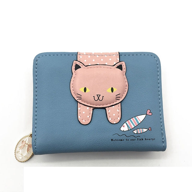Women Cute Cat Wallet Small Zipper Wallet PU Leather Coin Purse Card Holder, Cat Rose Red, Cat Black, Cat Blue, Cat Green, Cat Pink