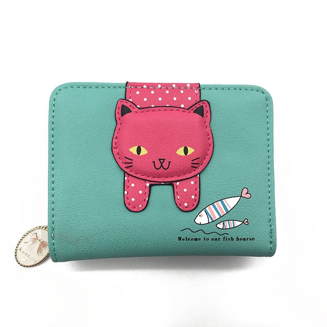 Women Cute Cat Wallet Small Zipper Wallet PU Leather Coin Purse Card Holder, Cat Rose Red, Cat Black, Cat Blue, Cat Green, Cat Pink