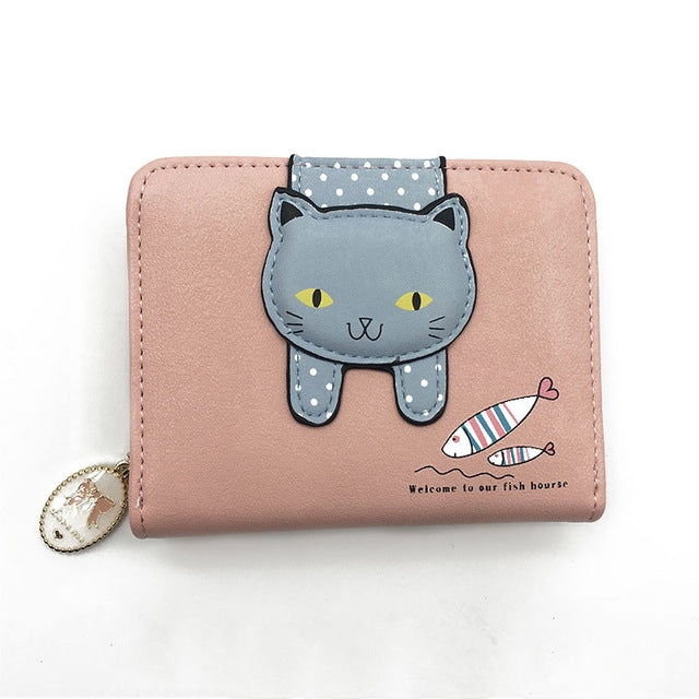 Women Cute Cat Wallet Small Zipper Wallet PU Leather Coin Purse Card Holder, Cat Rose Red, Cat Black, Cat Blue, Cat Green, Cat Pink