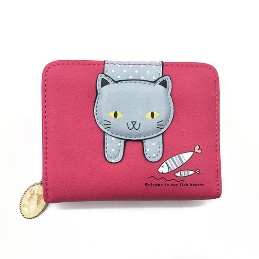 Women Cute Cat Wallet Small Zipper Wallet PU Leather Coin Purse Card Holder, Cat Rose Red, Cat Black, Cat Blue, Cat Green, Cat Pink