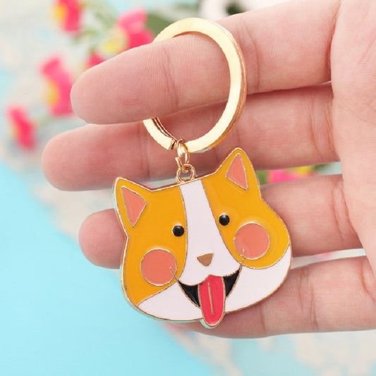 4 PCS Cartoon Animal Head Keychain Car Metal Ornament Key Ring, Corgi, Teddy