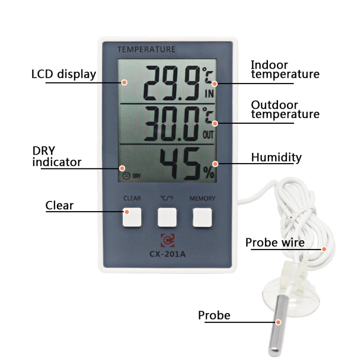 CX-201A LCD Digital Weather Station Thermometer Hygrometer Indoor  Outdoor Temperature Humidity Meter with Temperature Sensor