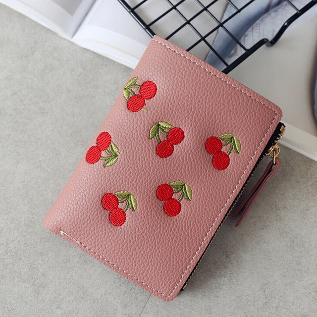 PU Leather Cherry Embroidery Coin Purse Card Holders