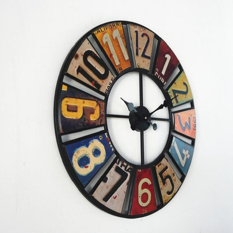Digital Round Retro Wall Clock Creative License Plate Wrought Iron Decorative Clock