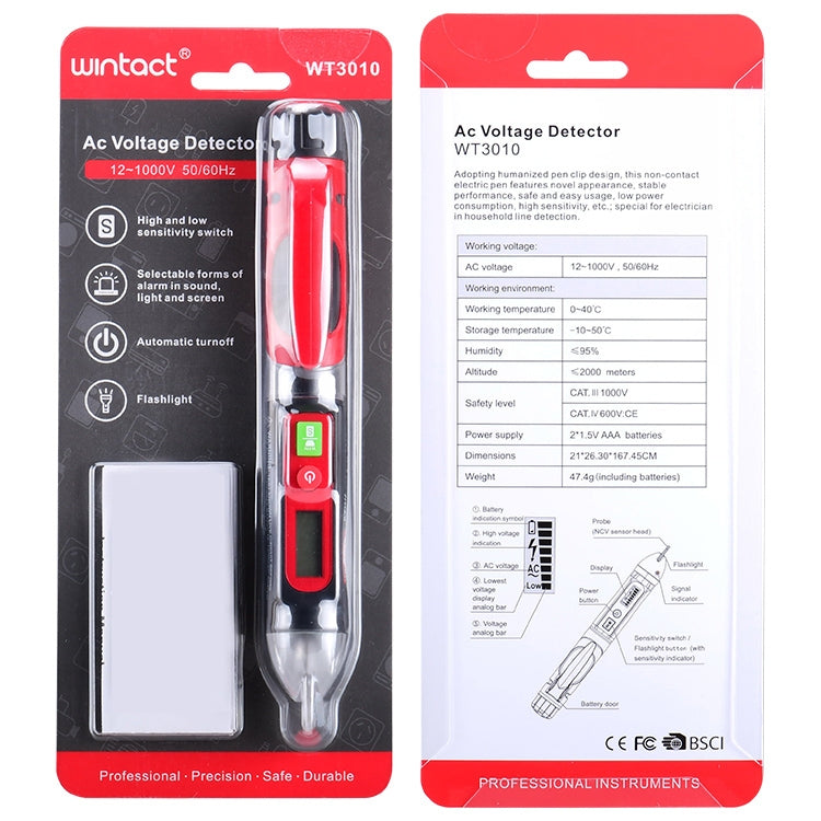 WINTACT WT3010  LED AC Voltage Tester Non-Contact Detector Pen 12-1000V AC Voltage Detector