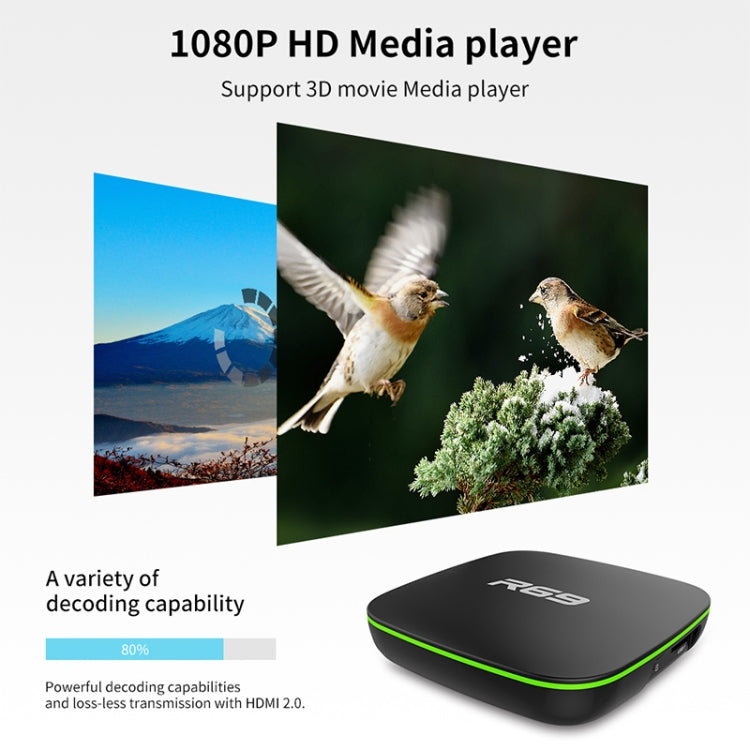 R69 1080P HD Smart TV BOX Android 4.4 Media Player with Remote Control, Quad Core Allwinner H3, RAM: 1GB, ROM: 8GB, 2.4G WiFi, LAN, EU Plug