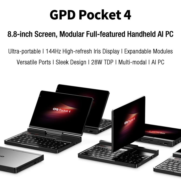 GPD Pocket 4 Handheld Gaming PC, 32GB+2TB, 8.8 inch Windows 11 Home AMD Ryzen AI 9 HX 370, EU Plug