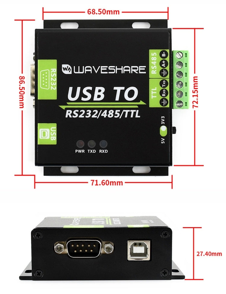 Waveshare USB TO RS232 / RS485 / TTL Industrial Isolated Converter